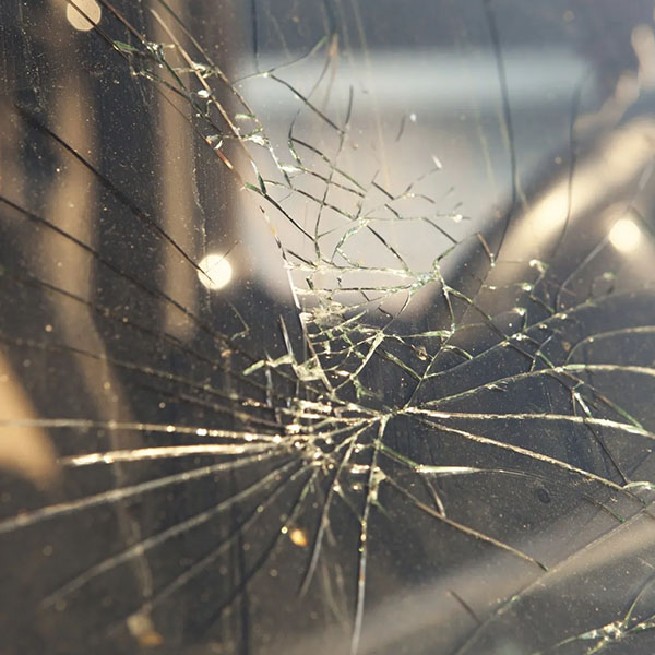 Broken windshield closed-up view